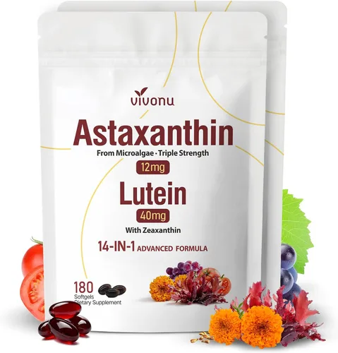 Vista 12 de Astaxantina 14 en 1 12 mg y luteína 40 mg con suplementos de zeaxantina, suministro para 6 meses, fuente de microalgas frescas, apoya los ojos