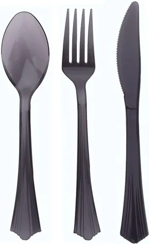 Vista 8 de Efavormart - Juego de 24 cubiertos de plástico transparente negro resistente con mango de punta acampanada, cuchara de tenedor desechable