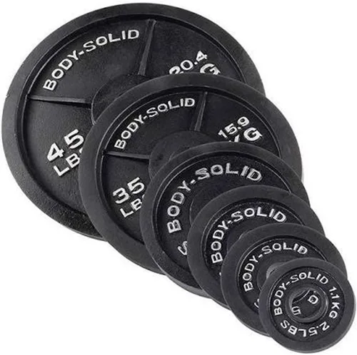 Vista 6 de Body-Solid Juego de platos olímpicos de hierro fundido, placas de mancuernas con agujero estándar de 2 pulgadas para todos los tipos de pesas