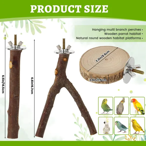 Vista 2 de Paquete de 8 perchas para pájaros, plataformas de madera de manzana natural, ramas de madera dura, accesorios para periquitos, cacatúas, tortolitos