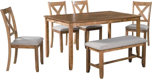 Vista 9 de Quarte Juego de mesa de comedor de 6 piezas, mesa de comedor rectangular de madera maciza, 4 sillas tapizadas y banco, muebles familiares rústicos