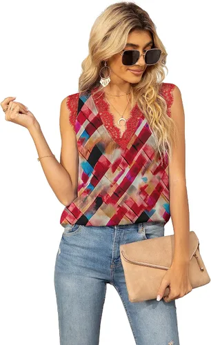 Vista 236 de VIISHOW - Camiseta sin mangas, sexy, con cuello en V y bordes de encaje para mujer, camisola de vestir, camisas de gasa, sin mangas, casuales
