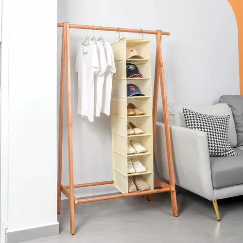 Vista 5 de Berdeng Organizador colgante de zapatos para armario con bolsillos de malla lateral, estantes para gorras de béisbol, soporte para zapatos y Beige