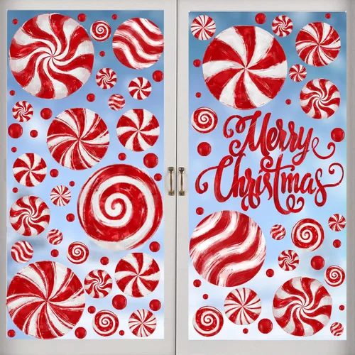 Vista 9 de DULEFUN Adhesivos de Navidad para ventana, calcomanías para ventana de caramelo, pintura al óleo, calcomanías de caramelo rojo y verde para fiesta