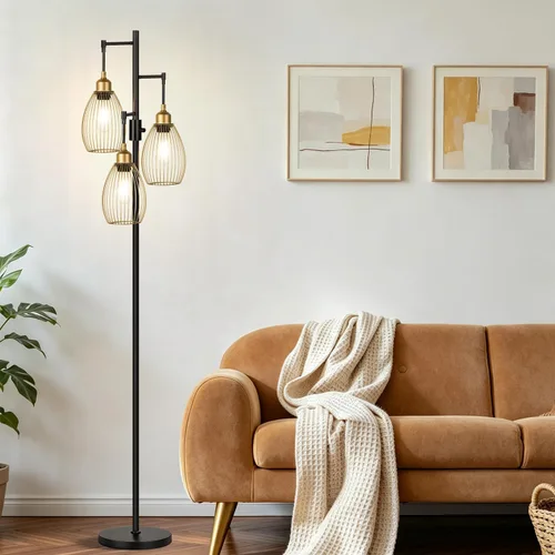 Vista 16 de Lámpara de pie regulable, 3 bombillas LED Edison de 800LM incluidas, lámpara de pie industrial de granja lámpara de árbol de pie con elegante jaula
