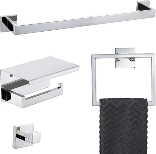 Vista 16 de Juego de 4 soportes para toallas de baño, juego de accesorios de baño de acero inoxidable negro y dorado, montaje en pared, 23.6 pulgadas