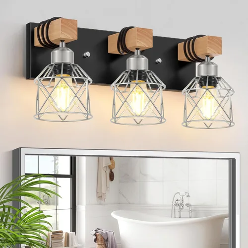 Vista 17 de FadimiKoo Juego de 2 apliques de pared, lámparas de pared de madera de cabecera con interruptor giratorio, lámpara de tocador de baño negra