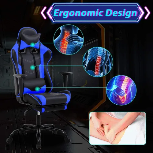 Vista 6 de Silla de juegos con reposapiés y soporte lumbar de masaje, silla reclinable de altura ajustable con respaldo alto para adultos, giratoria 360