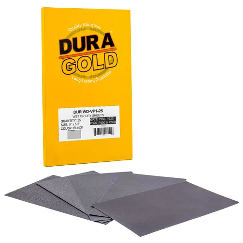 Vista 2 de Dura-Gold Hojas de papel de lija húmedas o secas de 5-1/2 x 9 pulgadas, variedad de grano 150, 220, 320, 400, 600 (5 cada una, 25 en total) - Lijado