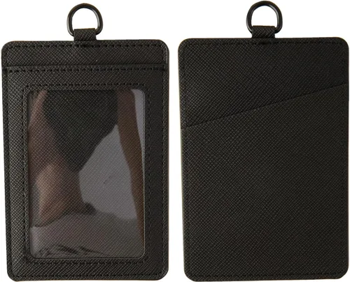 Vista 3 de Portatarjetas de identificación, soporte vertical de cuero para tarjetas de identificación con 1 ventana de identificación transparente y 1 cordón