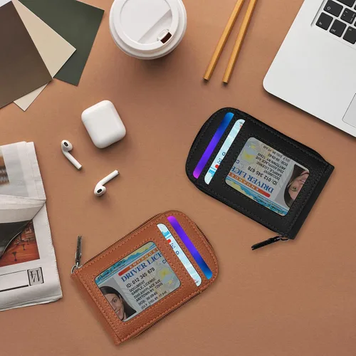 Vista 11 de RFID mini organizador de tarjetas de crédito, cuero auténtico, billetera compacta con visor de identificación, S, Negro