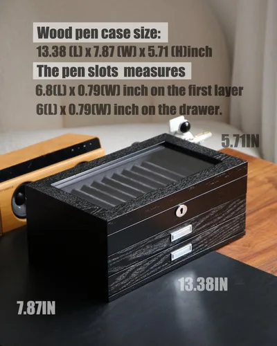Vista 4 de vitrina de madera de la pluma de 36 ranuras Pluma estilográfica caja organizador de almacenamiento con cajón, ventana superior ventana pluma