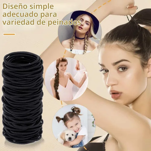 Vista 5 de 150 ligas negras para cabello grueso y rizado, bandas para el cabello a granel, soportes para cola de caballo, elásticos para el cabello