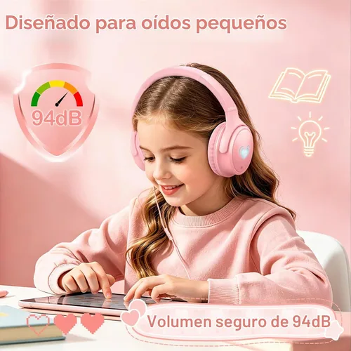Vista 2 de Auriculares para niños con cable con micrófono HD, auriculares USB C Rosa
