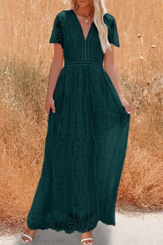 Vista 7 de PRETTYGARDEN - Vestido largo de encaje floral para mujer, manga corta, cuello en V, vestidos de fiesta para boda y para la noche