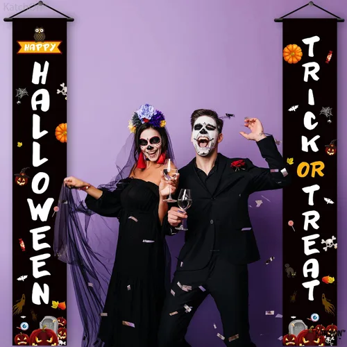 Vista 8 de KatchOn, Cartel de Feliz Halloween de Trick or Treat – Grande, 72 x 12 pulgadas Cartel negro para puerta de Halloween para decoraciones