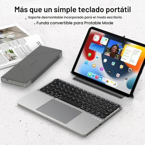 Vista 7 de Mircopack - Teclado Bluetooth plegable con panel táctil y soporte para iPad/iPhone/MacBook, 3 dispositivos, cubierta magnética de piel sintética Gris