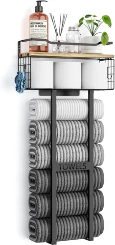 Vista 11 de Aetyord Toallero para Baño de 31 Pulgadas Montado en Pared, Estante Flotante con Tablero de Madera, Almacenamiento de Toallas para Baño que Puede
