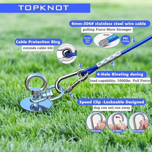 Vista 7 de TOPKNOT Cable y Estaca de Acero Inoxidable de Servicio Pesado de 15 Pies para Atar Perros, Carrera para Perros con Giro de 360°, A Prueba de Óxido