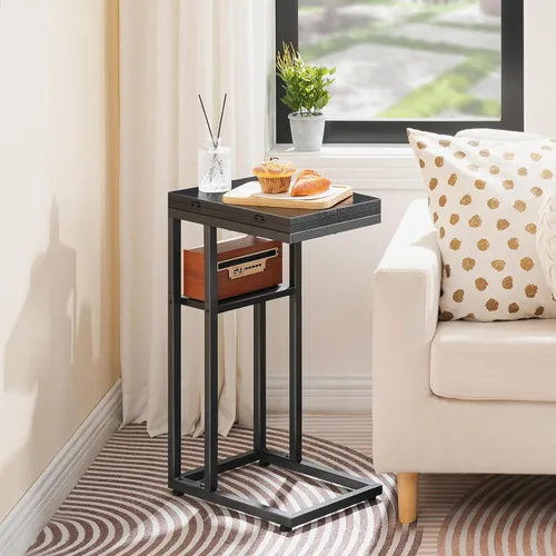 Vista 5 de HOOBRO Mesa auxiliar plegable, mesa lateral en forma de C con estante de almacenamiento, pequeña mesa de aperitivos adecuada para sala de estar