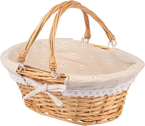 Vista 9 de Cesta grande multiusos de mimbre con asa, 14.2 x 11 x 6.7 pulgadas Cesta de mimbre para picnic con forro, Cesta de regalo vacía, Cesta ovalada