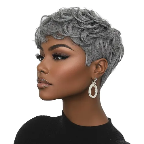 Vista 12 de Pelucas rizadas de corte Pixie para mujeres negras, pelucas cortas negras #1 Jet