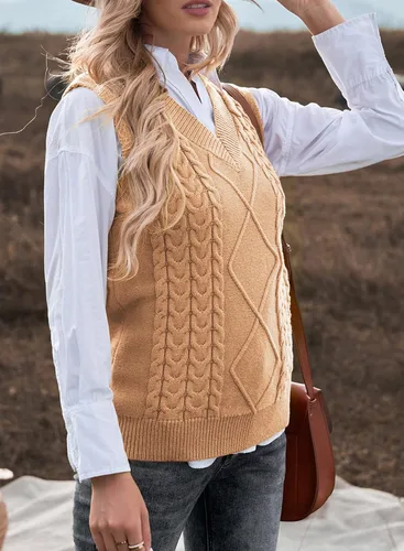 Vista 5 de EVALESS Chaleco Suéter de Gran Tamaño para Mujeres Cuello en V Sin Mangas Color Sólido Suéter Pullover Suelto 1 caqui.