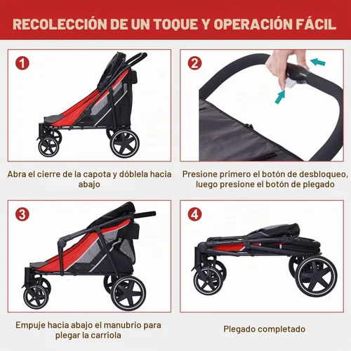 Vista 6 de Cochecito grande para perros, cochecitos para mascotas de 4 ruedas para perros medianos o 2 perros, plegable con un solo clic, malla transpirable