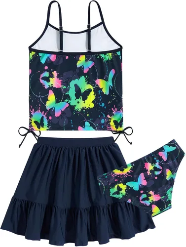 Vista 4 de swimsobo Traje de baño de 3 piezas con falda para niñas de 6 a 12 años, tankini ajustable
