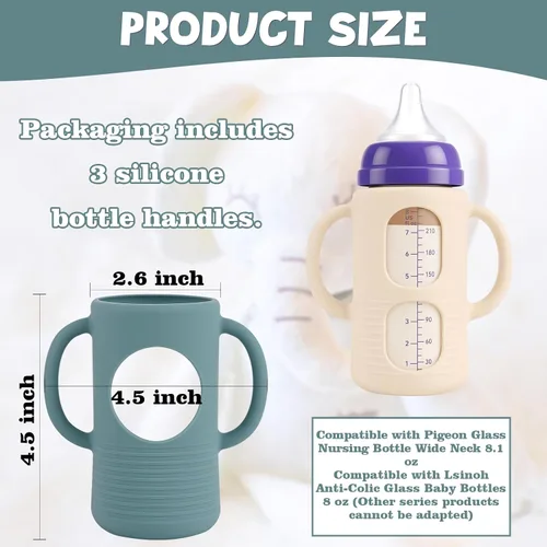 Vista 3 de Paquete de 3 fundas de silicona compatibles con botella de vidrio de paloma Beige+Azul+Verde