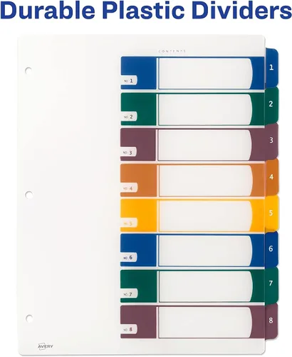 Vista 5 de Avery Separadores de plástico con 8 pestañas, tabla de contenido personalizable, pestañas multicolor, 1 juego (11817)