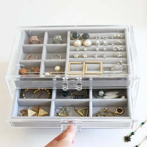 Vista 4 de HerFav Joyero de acrílico para mujer con 3 cajones para anillos, aretes y collares, estuche compacto para joyería, gris transparente