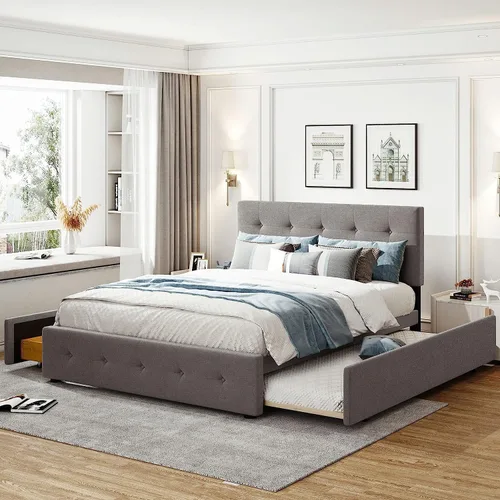 Vista 11 de Harper & Bright Designs - Base de cama de tamaño matrimonial con 2 cajones y cama corrediza individual, plataforma tapizada en el suelo con cabecera