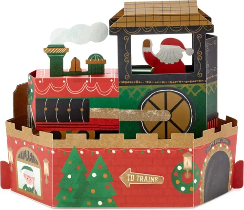 Vista 2 de Hallmark Paper Wonder - Tarjeta de felicitación desplegable de Navidad con sonido y movimiento (tren de Navidad, reproduce "Deck the Halls")