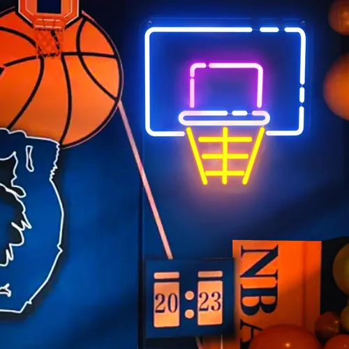 Vista 2 de Letrero de neón de aro de baloncesto para decoración de pared, letrero de luz LED regulable con control de brillo para fanáticos de los deportes