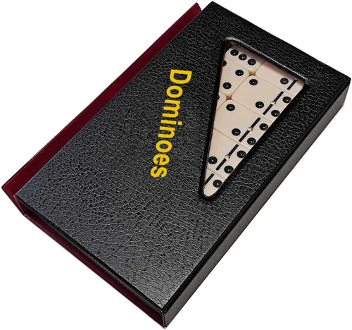 Vista 2 de OMURA Juegos Juego de dominó Double Six Jumbo con Spinner y estuche de vinilo Marfil