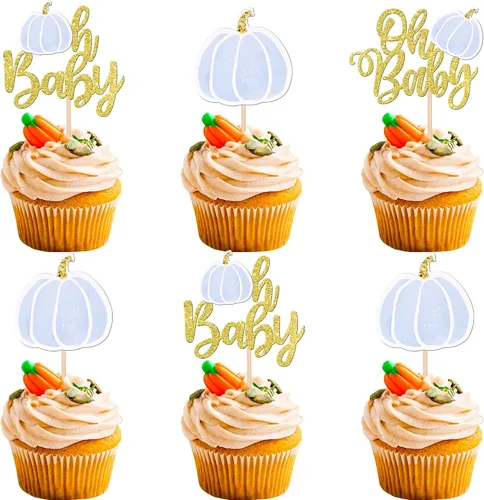 Vista 11 de Paquete de 24 adornos para cupcakes de calabaza para niños o niñas, con purpurina para revelación de género, calabaza, pies de bebé, para baby