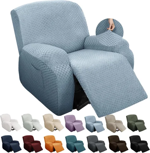 Vista 22 de YEMYHOM Funda elástica de 4 piezas para silla reclinable de jacquard con bolsillo lateral, antideslizante, ajustable, protector de muebles con parte