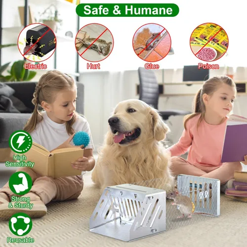 Vista 5 de Trampa humana para ratas, jaula automática continua para ratones, jaula de trampa de animales vivos de una sola puerta para interiores y exteriores