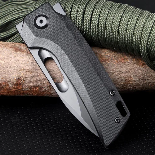 Vista 5 de KEENSUN Cuchillo plegable de bolsillo con mango G10 negro y hoja D2: cuchillo táctico, cuchillo de caza, cuchillo EDC. Cuchillos de apertura