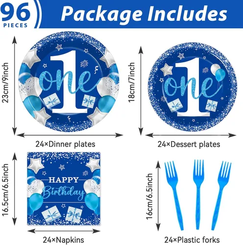 Vista 2 de Wiooffen Juego de vajilla para fiesta de cumpleaños de niño de 1 año, azul, 96 piezas, para 24 invitados, platos de papel, servilletas, tenedores