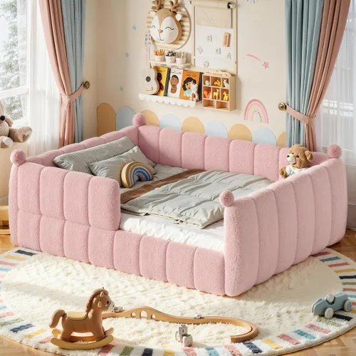 Vista 13 de Cama de suelo tapizada con valla, cama de piso tamaño individual con Beige