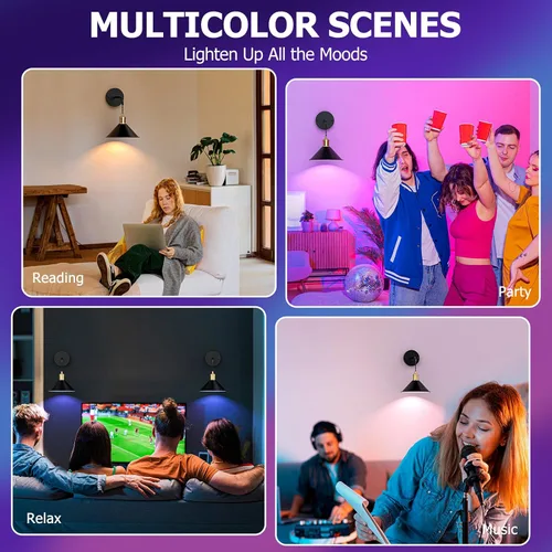 Vista 7 de Juego de 2 apliques de pared a pilas, 5000 mAh, lámpara de pared recargable de alto brillo, 3 luces de pared RGB de temperatura de color con control
