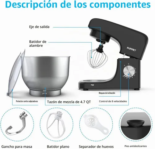 Vista 6 de 8 velocidades eléctrica, 3 en 1 batidora de pie, cuenco de acero inoxidable de 4.7 cuartos - negro