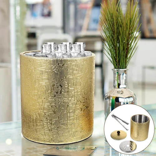 Vista 7 de BESTonZON Cubo de hielo con tapa hermética, cubo de hielo con tapa de cuchara, enfriador de tina de bebidas, cubo de hielo dorado con tapa