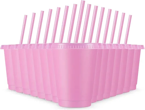 Vista 10 de Rtteri 15 vasos reutilizables con popotes y tapas, vasos de plástico con purpurina de 16 onzas, vasos de plástico para recuerdos de fiesta con Negro