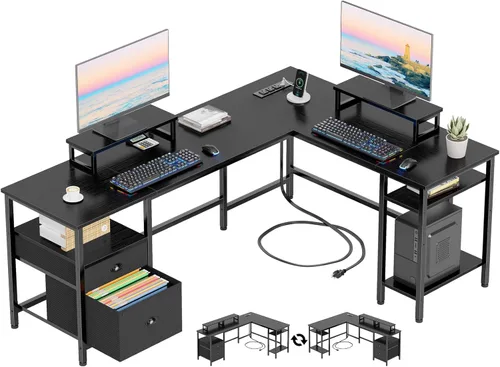 Vista 11 de Furologee Escritorio para computadora en forma de L con toma de corriente, escritorio reversible de oficina en casa para estudio de trabajo, mesa