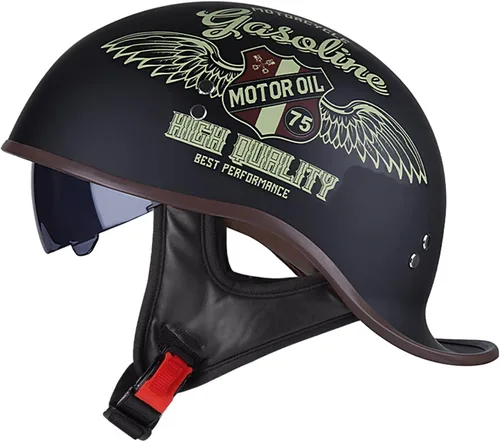 Vista 11 de Casco de motocicleta retro de media cara aprobado por DOT para hombres y mujeres adultos, estilo vintage alemán, con diseño de calavera