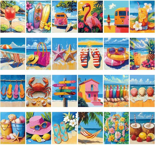 Vista 15 de Sherr Juego de 24 lienzos predibujados para pintar para adultos, lienzo preimpreso a granel, sorbo y pintura, paneles estirados, juego de pintura