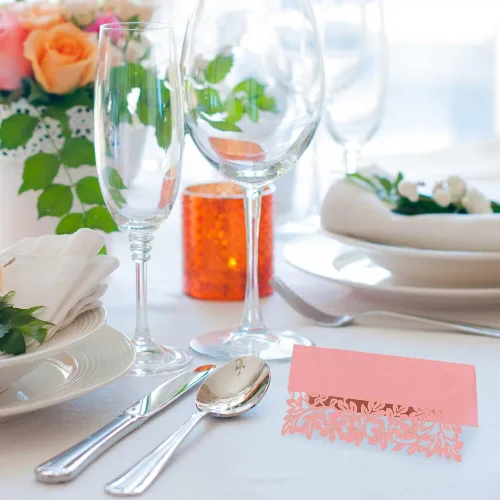 Vista 3 de Katutude Paquete de 50 tarjetas de lugar azules, tarjetas de nombre de asiento de mesa para bodas, banquetes, cenas